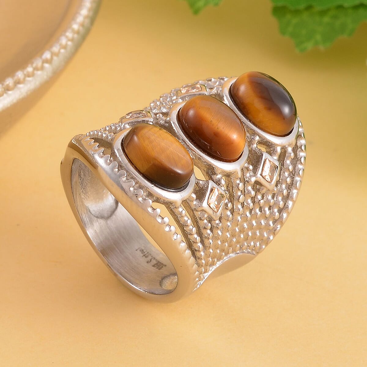 Yellow Tiger's Eye and Yellow Austrian Crystal Ring in Stainless Steel (Size 9.0) 30.00 ctw image number 1
