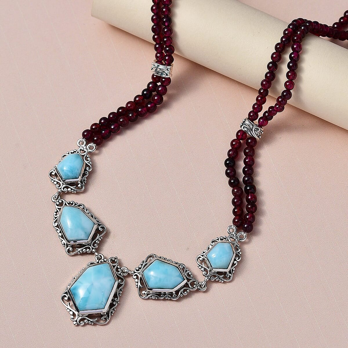 Artisan Crafted Larimar and Orissa Rhodolite Garnet Necklace 18-20 Inches in Sterling Silver 91.65 ctw image number 1