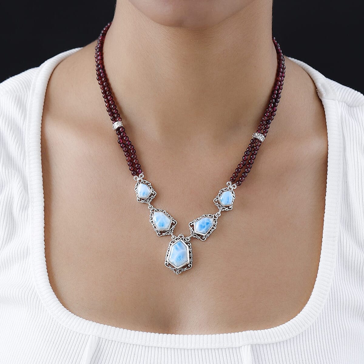 Artisan Crafted Larimar and Orissa Rhodolite Garnet Necklace 18-20 Inches in Sterling Silver 91.65 ctw image number 2