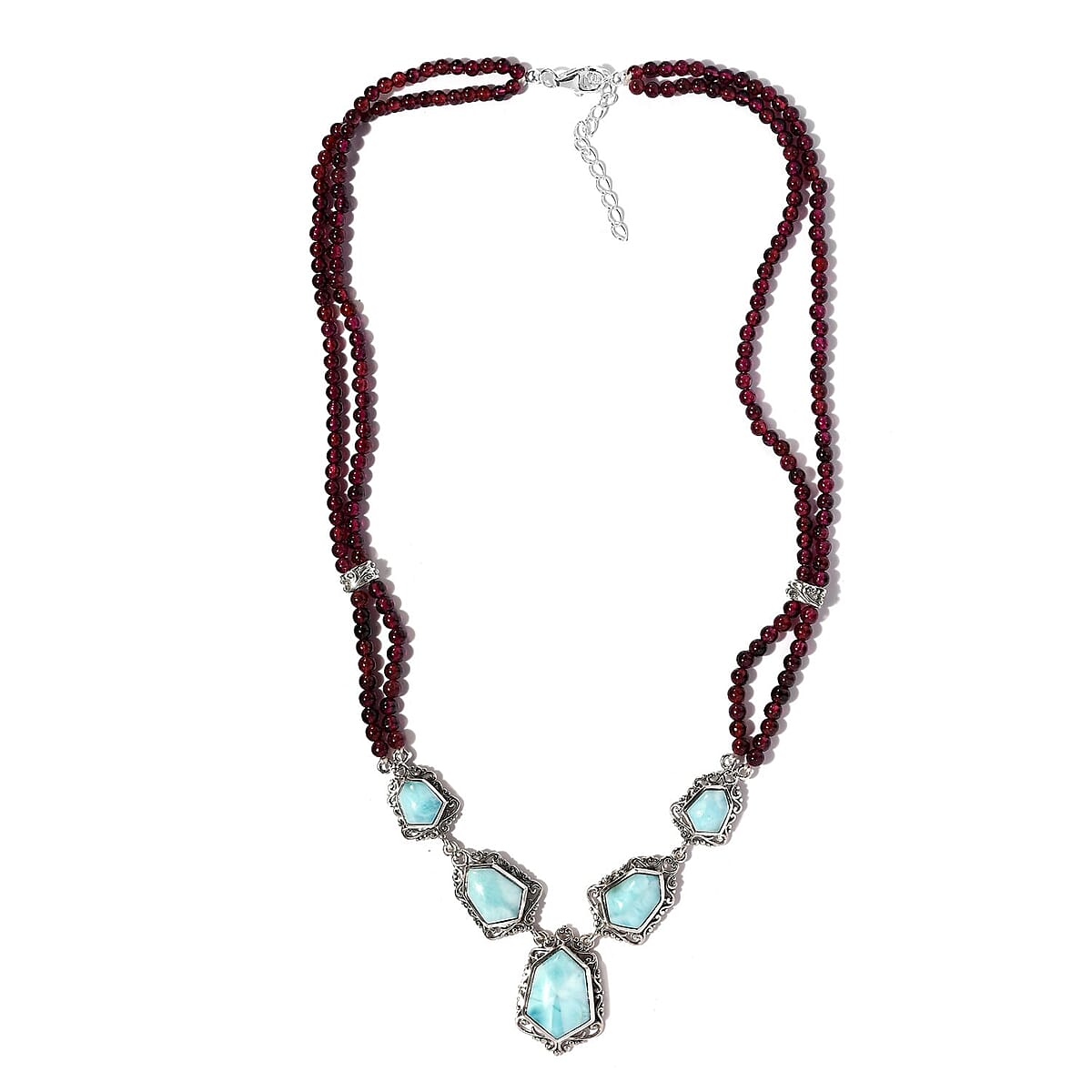 Artisan Crafted Larimar and Orissa Rhodolite Garnet Necklace 18-20 Inches in Sterling Silver 91.65 ctw image number 3