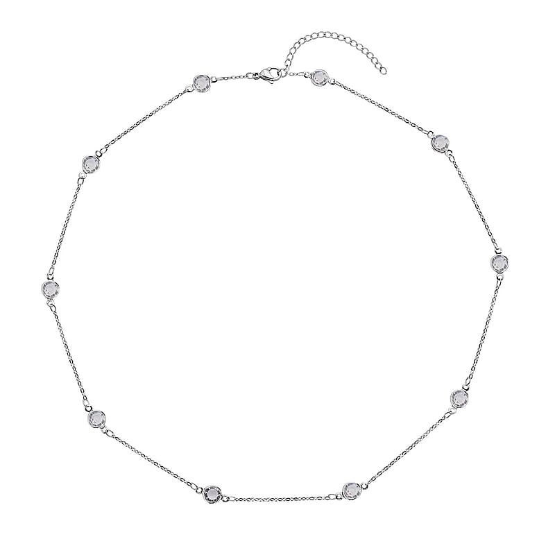 White Glass Station Necklace (20-22 Inches) in Stainless Steel , Tarnish-Free, Waterproof, Sweat Proof Jewelry