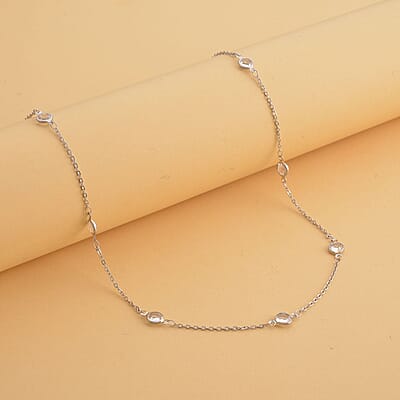 White Glass Station Necklace (20-22 Inches) in Stainless Steel , Tarnish-Free, Waterproof, Sweat Proof Jewelry