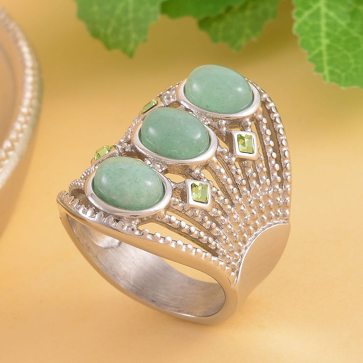 Green Aventurine and Neon Green Austrian Crystal Ring in Stainless Steel (Size 7.0) 30.00 ctw image number 1