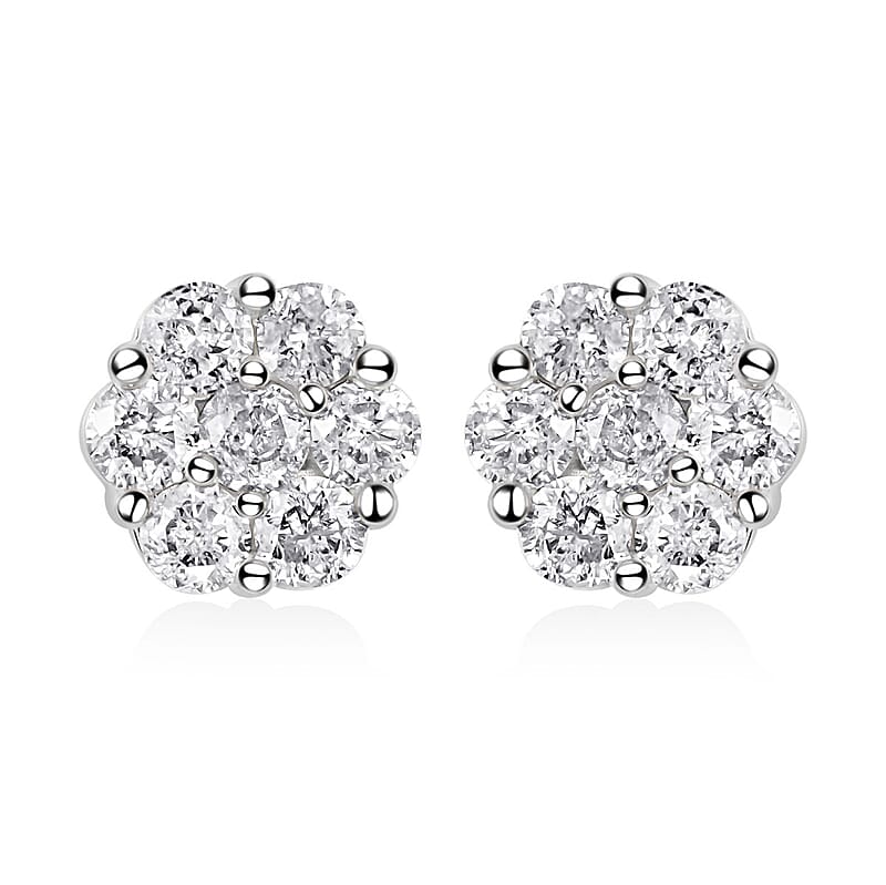14K White Gold Diamond Flower Stud Earrings 1.00 ctw