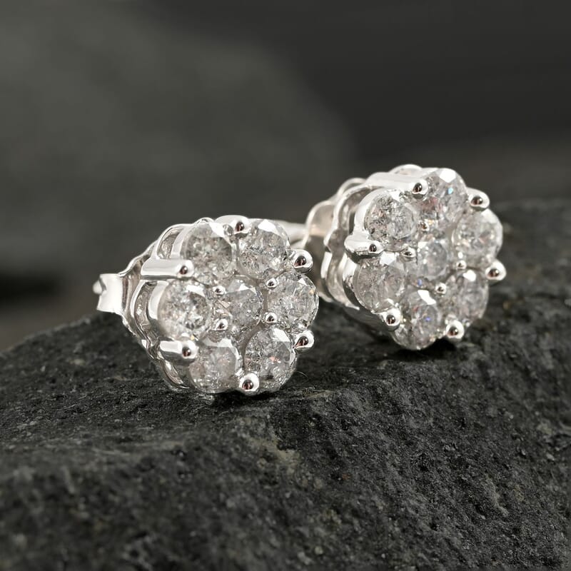14K White Gold Diamond Flower Stud Earrings 1.00 ctw