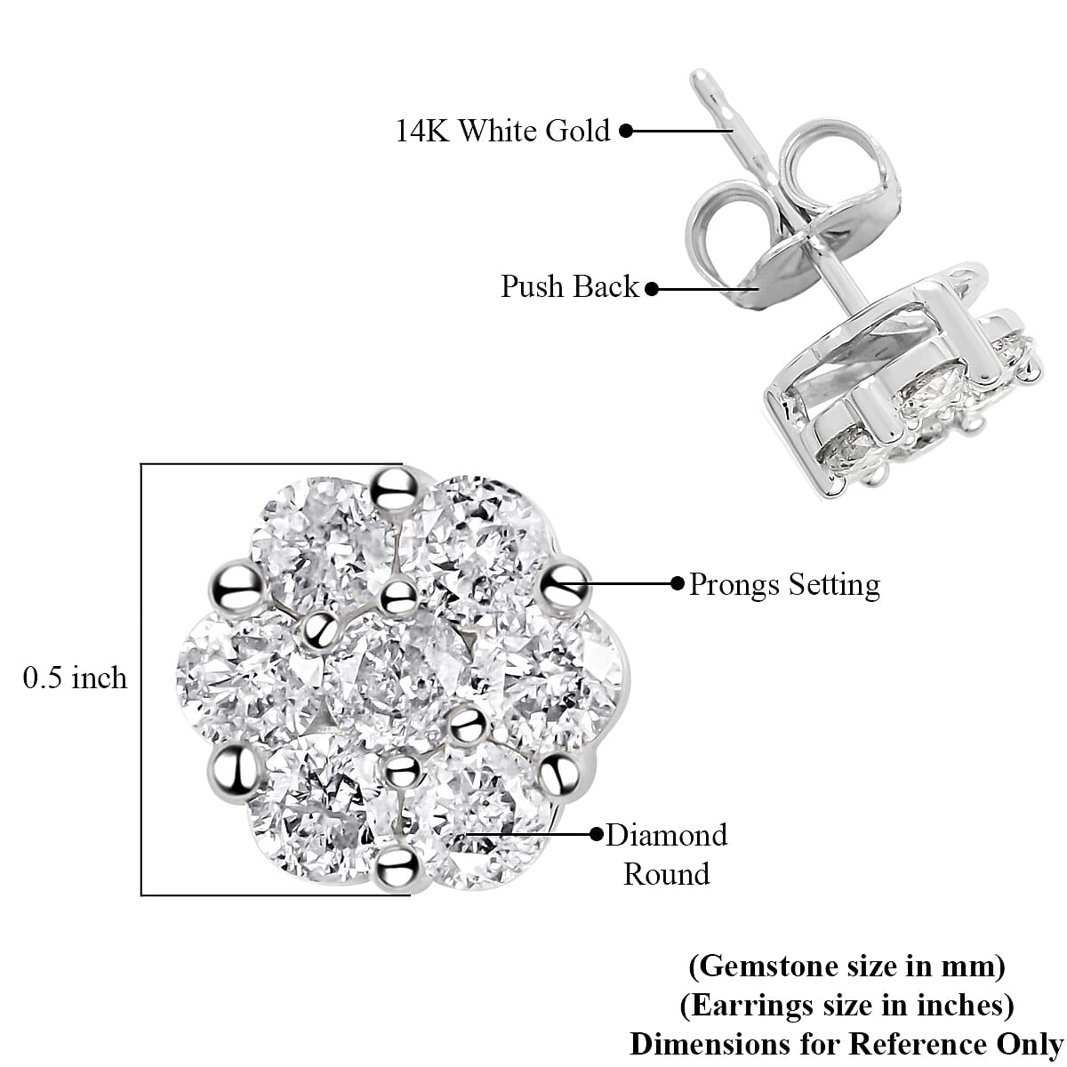 14K White Gold Diamond Flower Stud Earrings 1.00 ctw
