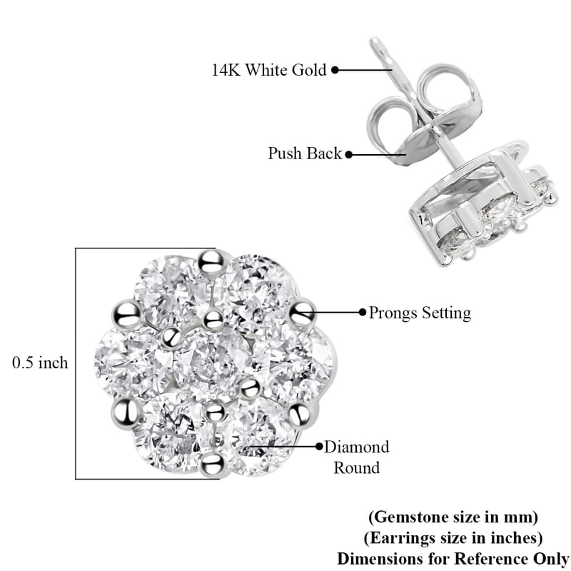 14K White Gold Diamond Flower Stud Earrings 1.00 ctw