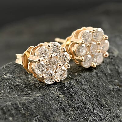 14K Yellow Gold Diamond Flower Stud Earrings 1.00 ctw