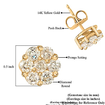 14K Yellow Gold Diamond Flower Stud Earrings 1.00 ctw