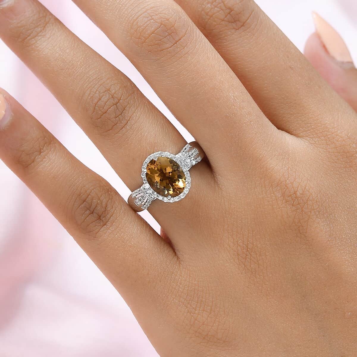Golden Scapolite and Natural White Zircon Halo Ring in Platinum Over Sterling Silver 2.75 ctw image number 2