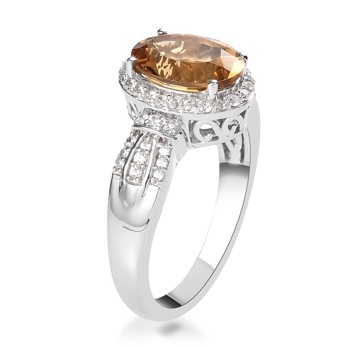 Golden Scapolite and Natural White Zircon Halo Ring in Platinum Over Sterling Silver 2.75 ctw image number 3