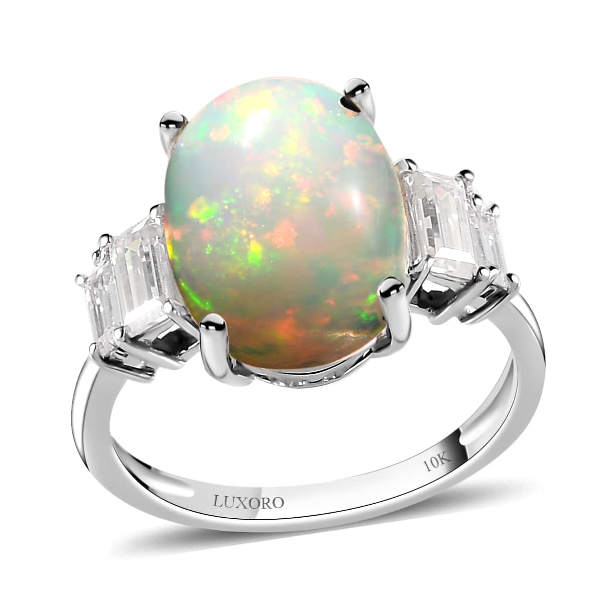 Luxoro 10K White Gold Premium Ethiopian Welo Opal and Moissanite Ring (Size 10.0) 4.35 ctw image number 0
