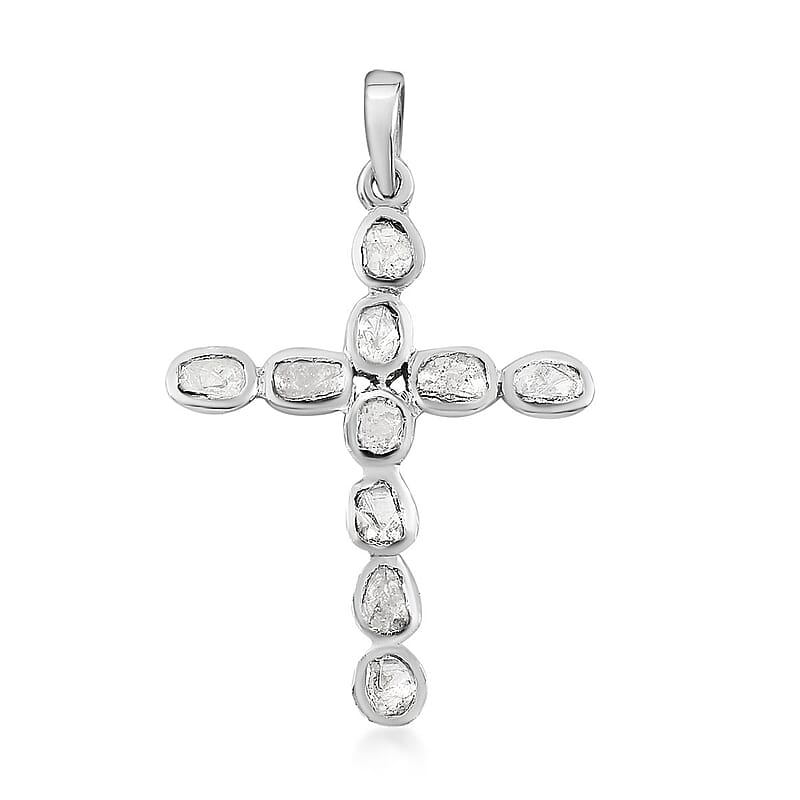 Polki Diamond Cross Pendant in Platinum Over Sterling Silver 0.50 ctw