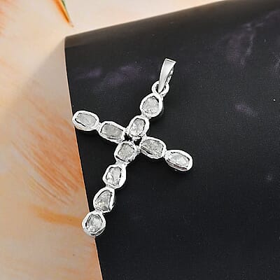 Polki Diamond Cross Pendant in Platinum Over Sterling Silver 0.50 ctw