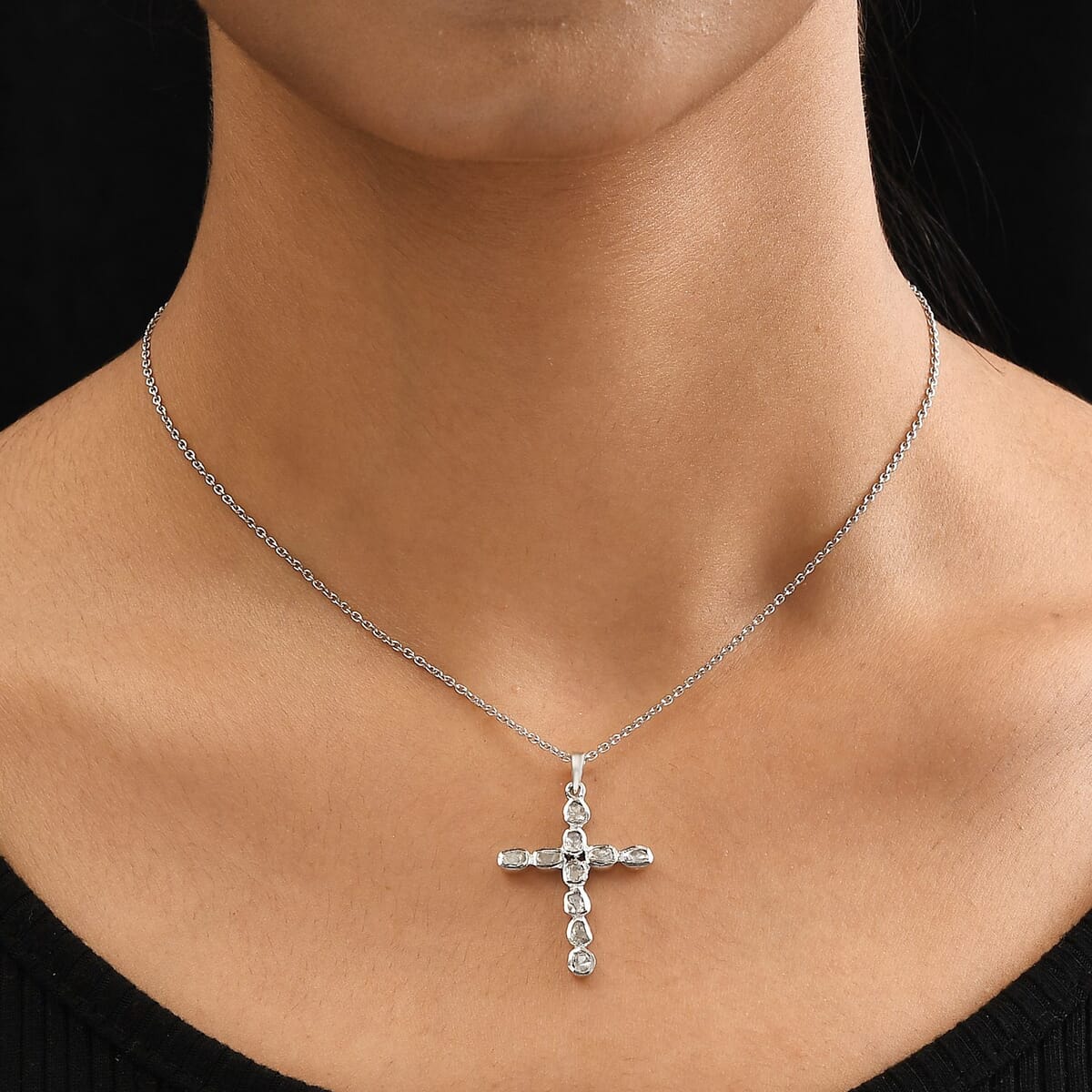 Polki Diamond Cross Pendant in Platinum Over Sterling Silver 0.50 ctw image number 2
