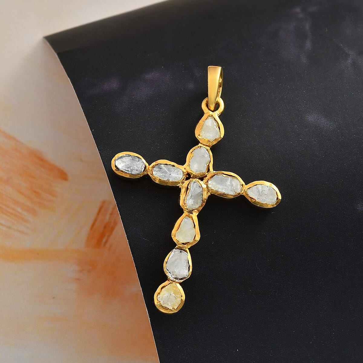 Polki Diamond Cross Pendant in 14K YG Over Sterling Silver 0.50 ctw image number 1