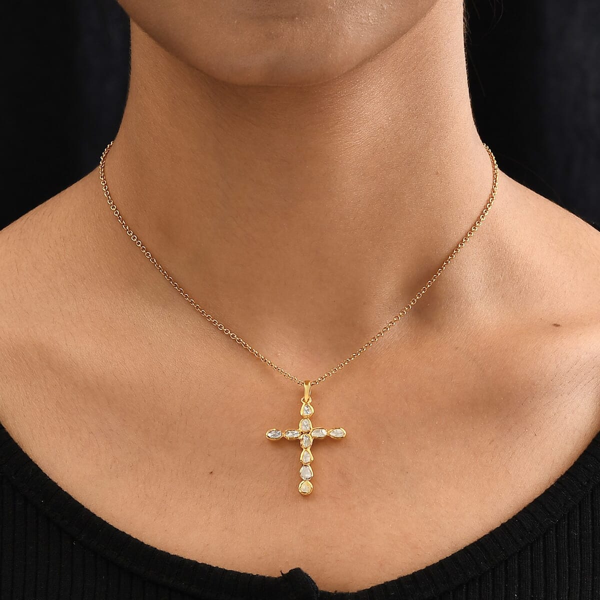 Polki Diamond Cross Pendant in 14K YG Over Sterling Silver 0.50 ctw image number 2