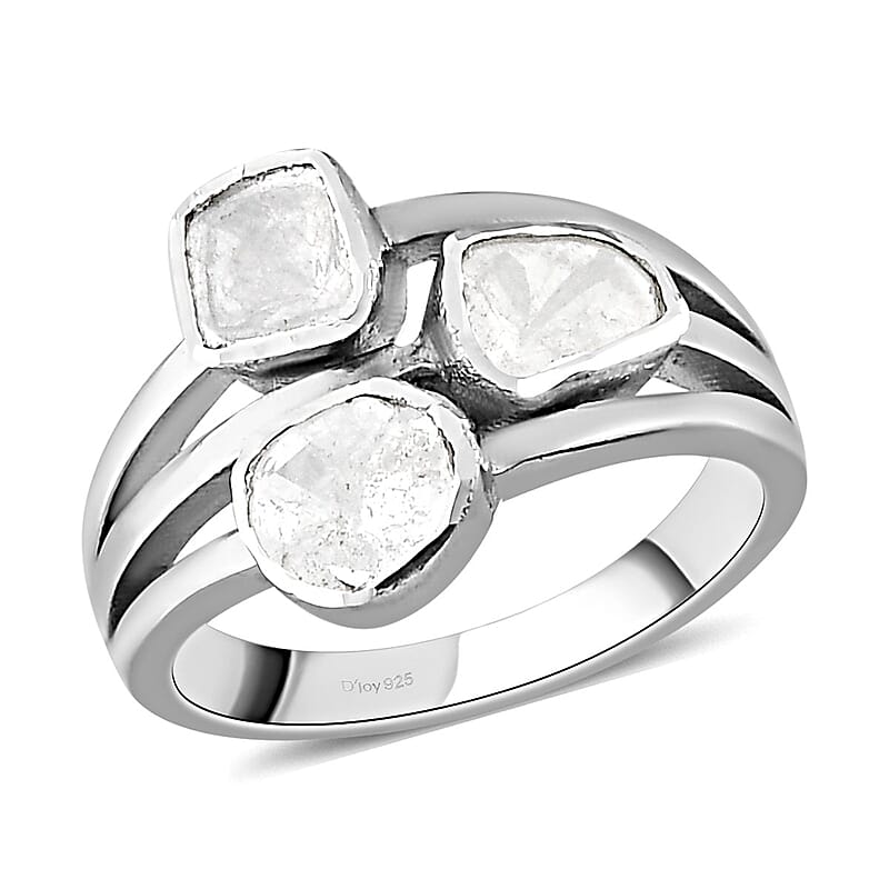 Polki Diamond Multi Shank Ring in Platinum Over Sterling Silver (Size 10.0) 0.50 ctw