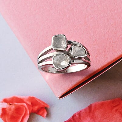 Polki Diamond Multi Shank Ring in Platinum Over Sterling Silver (Size 10.0) 0.50 ctw