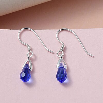 Sapphire Color Crystal Drop Earrings in Sterling Silver