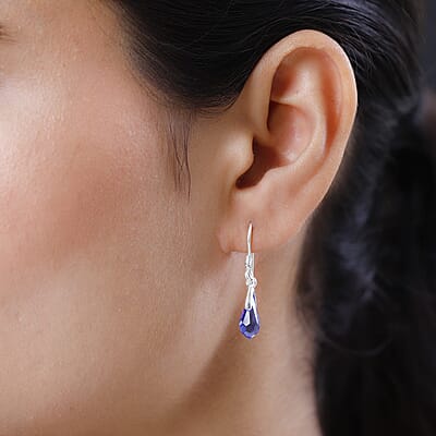 Sapphire Color Crystal Drop Earrings in Sterling Silver