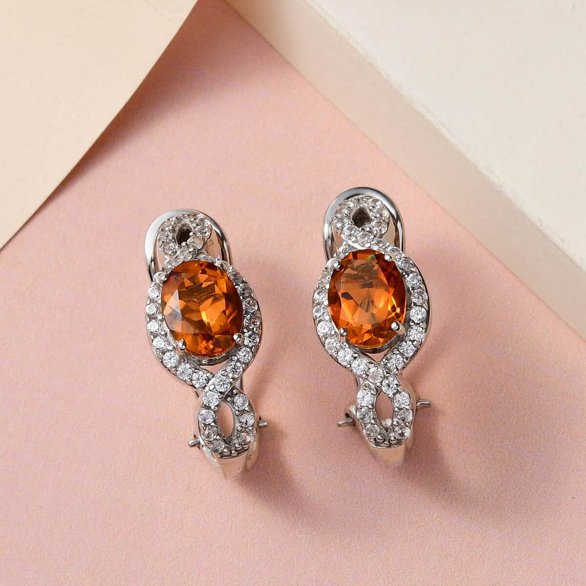 Santa Ana Madeira Citrine and Natural White Zircon Omega Clip Earrings in Platinum Over Sterling Silver 4.90 ctw image number 1