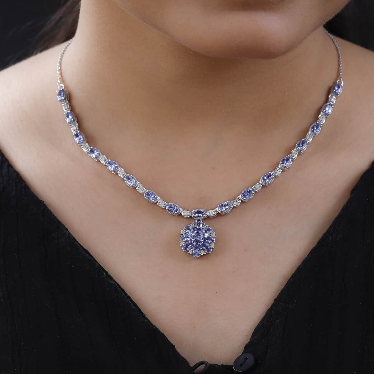 Tanzanite and Natural White Zircon Necklace 18 Inches in Platinum Over Sterling Silver 6.50 ctw image number 2