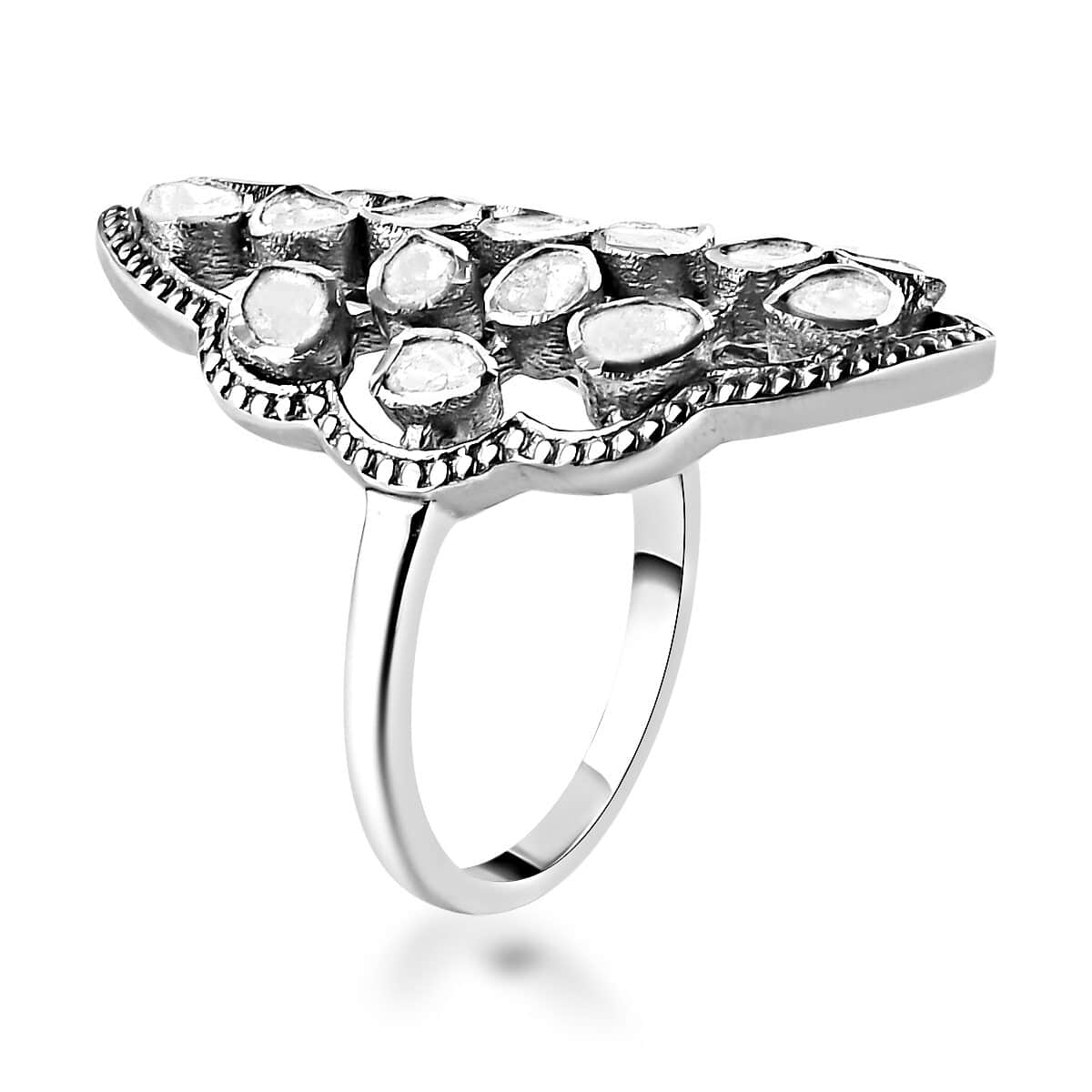 Polki Diamond Elongated Ring in Platinum Over Sterling Silver 1.00 ctw image number 3