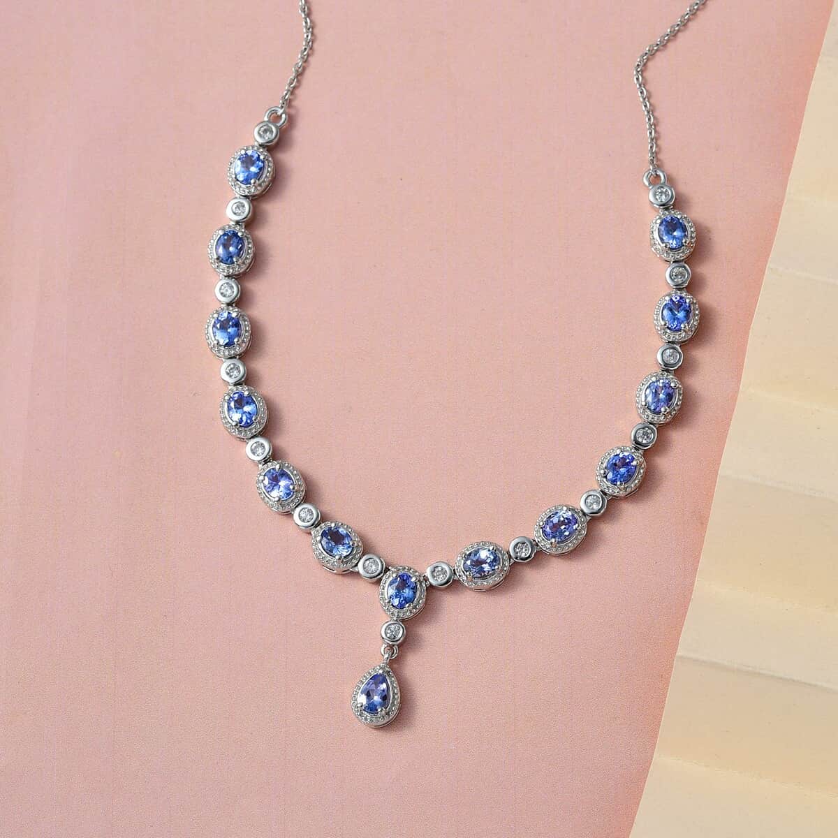 Tanzanite and Natural White Zircon Necklace 18 Inches in Platinum Over Sterling Silver 6.15 ctw image number 1