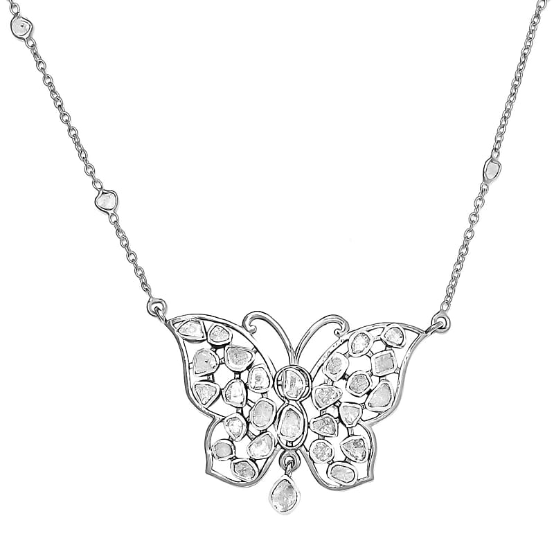 Polki Diamond Butterfly Necklace 20 Inches in Platinum Over Sterling Silver 2.00 ctw