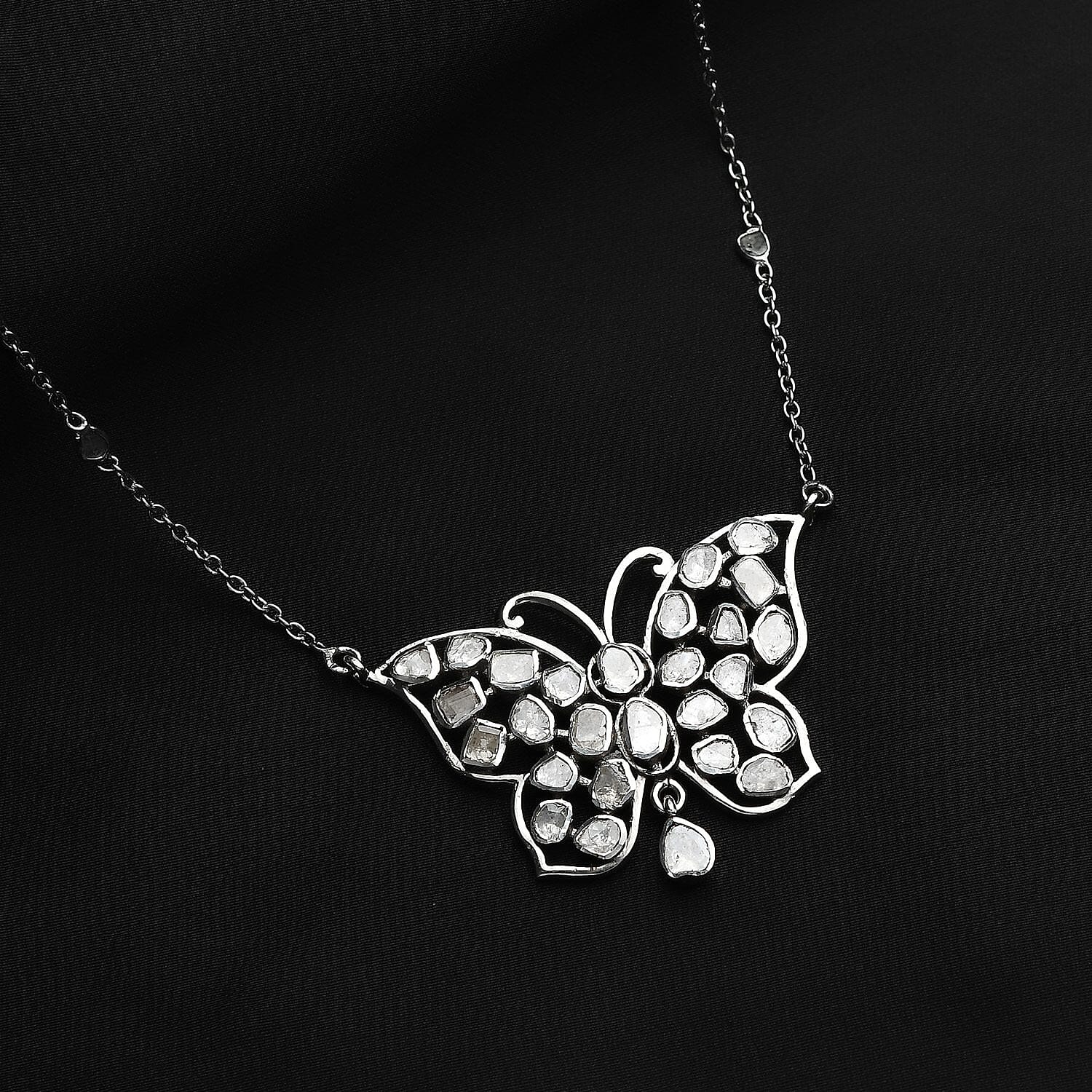 Polki Diamond Butterfly Necklace 20 Inches in Platinum Over Sterling Silver 2.00 ctw