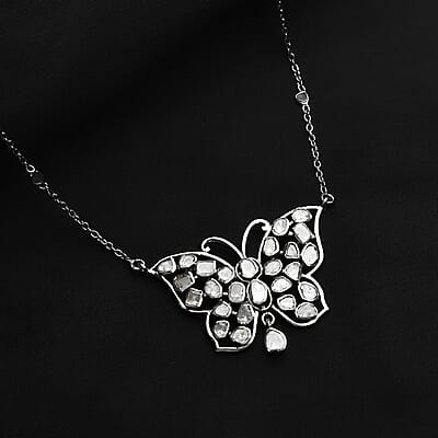 Polki Diamond Butterfly Necklace 20 Inches in Platinum Over Sterling Silver 2.00 ctw