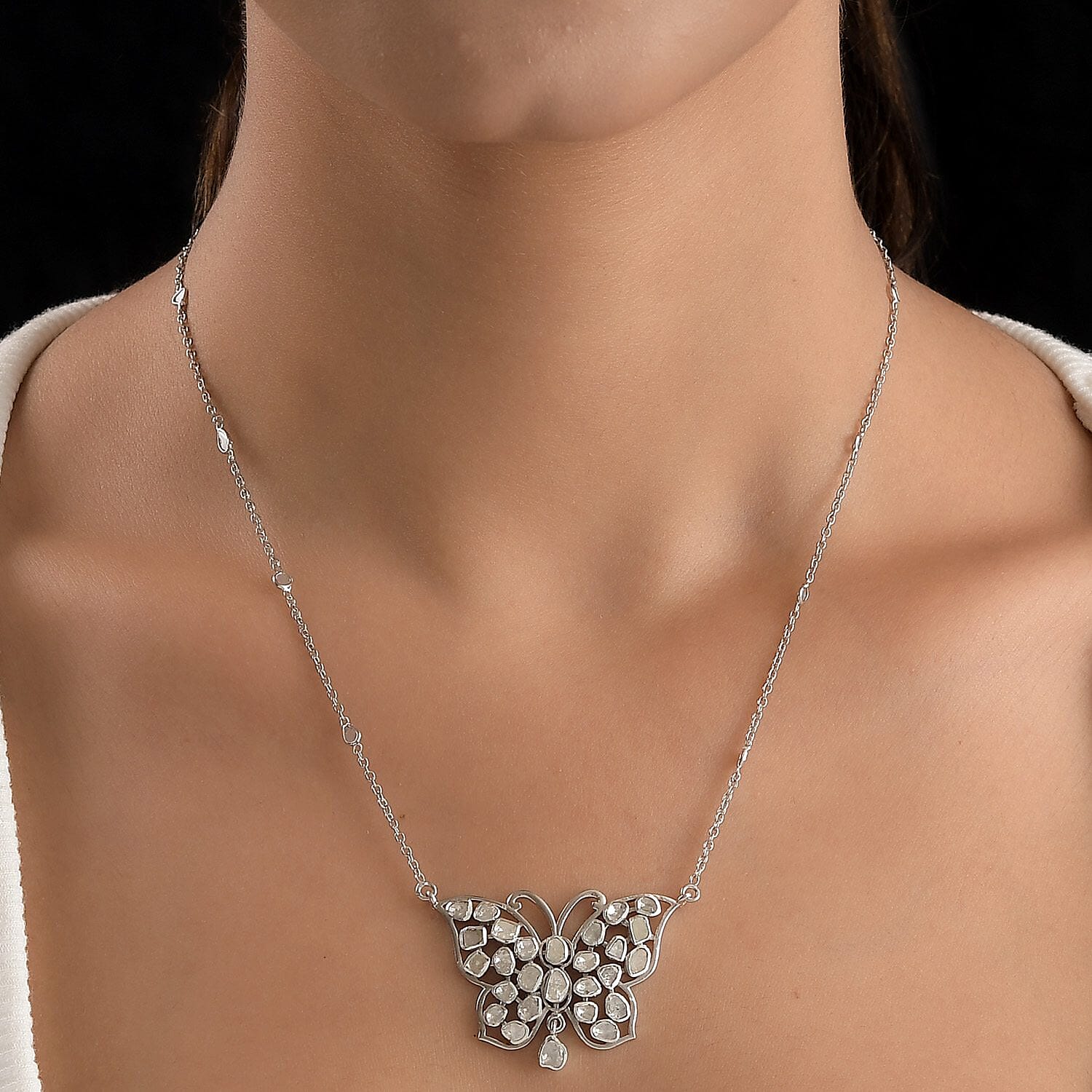 Polki Diamond Butterfly Necklace 20 Inches in Platinum Over Sterling Silver 2.00 ctw