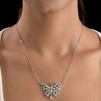 Polki Diamond Butterfly Necklace 20 Inches in Platinum Over Sterling Silver 2.00 ctw