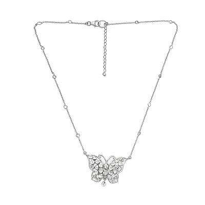 Polki Diamond Butterfly Necklace 20 Inches in Platinum Over Sterling Silver 2.00 ctw