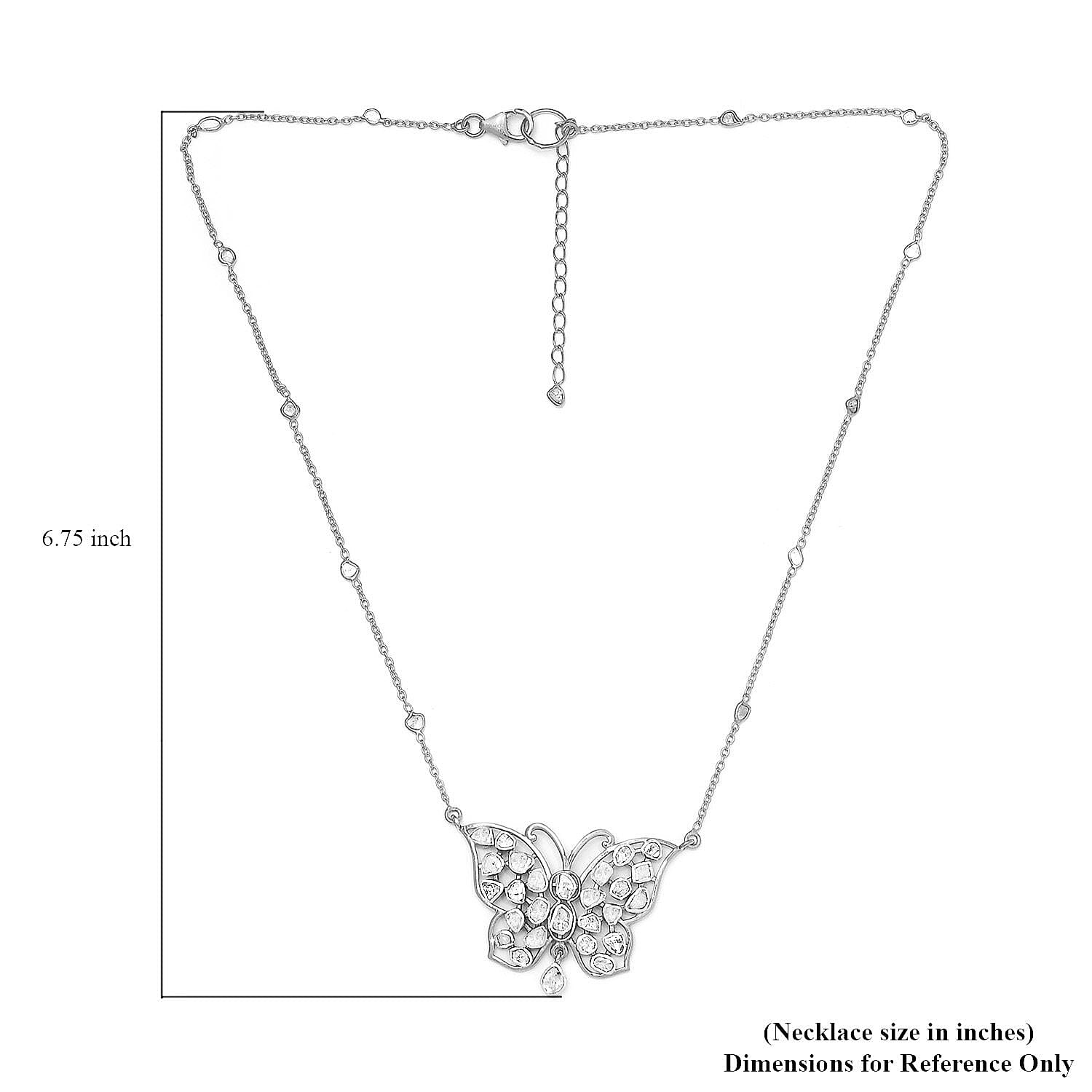 Polki Diamond Butterfly Necklace 20 Inches in Platinum Over Sterling Silver 2.00 ctw