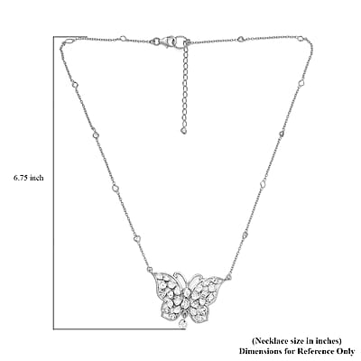 Polki Diamond Butterfly Necklace 20 Inches in Platinum Over Sterling Silver 2.00 ctw