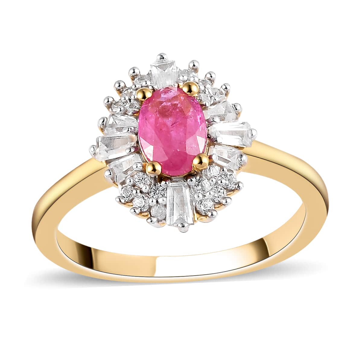 Premium Montepuez Ruby and Natural White Zircon Halo Ring in Vermeil Yellow Gold Over Sterling Silver 1.00 ctw image number 0