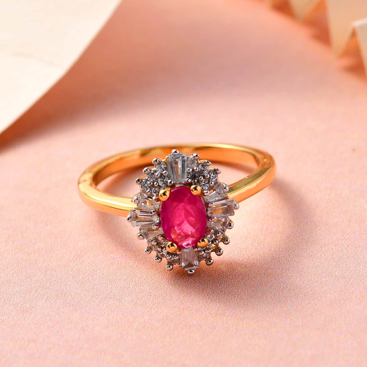 Premium Montepuez Ruby and Natural White Zircon Halo Ring in Vermeil Yellow Gold Over Sterling Silver 1.00 ctw image number 1