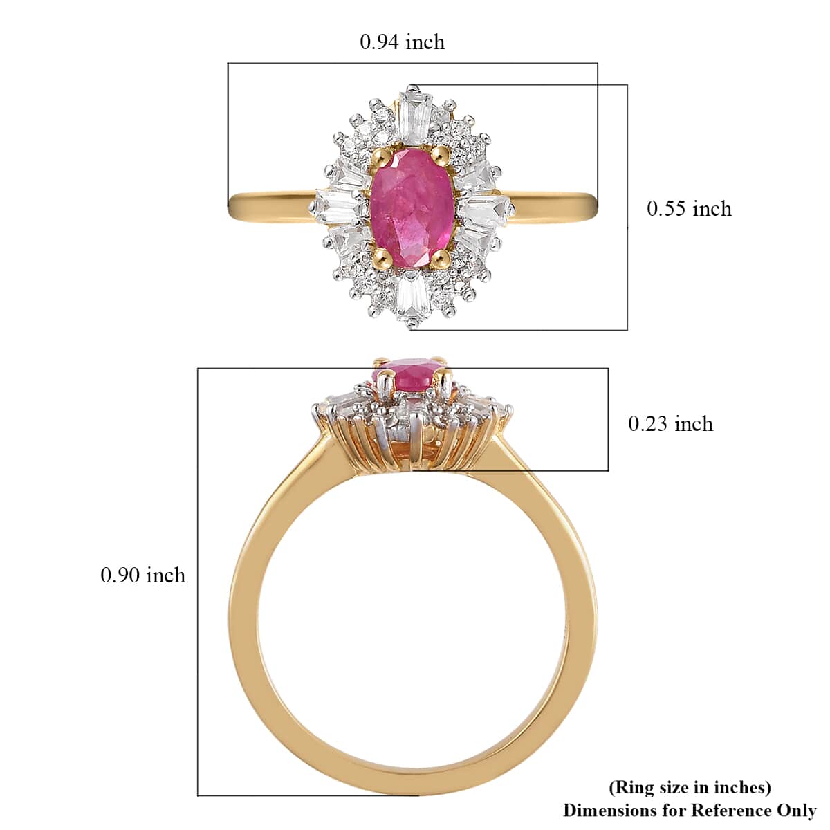Premium Montepuez Ruby and Natural White Zircon Halo Ring in Vermeil Yellow Gold Over Sterling Silver 1.00 ctw image number 5
