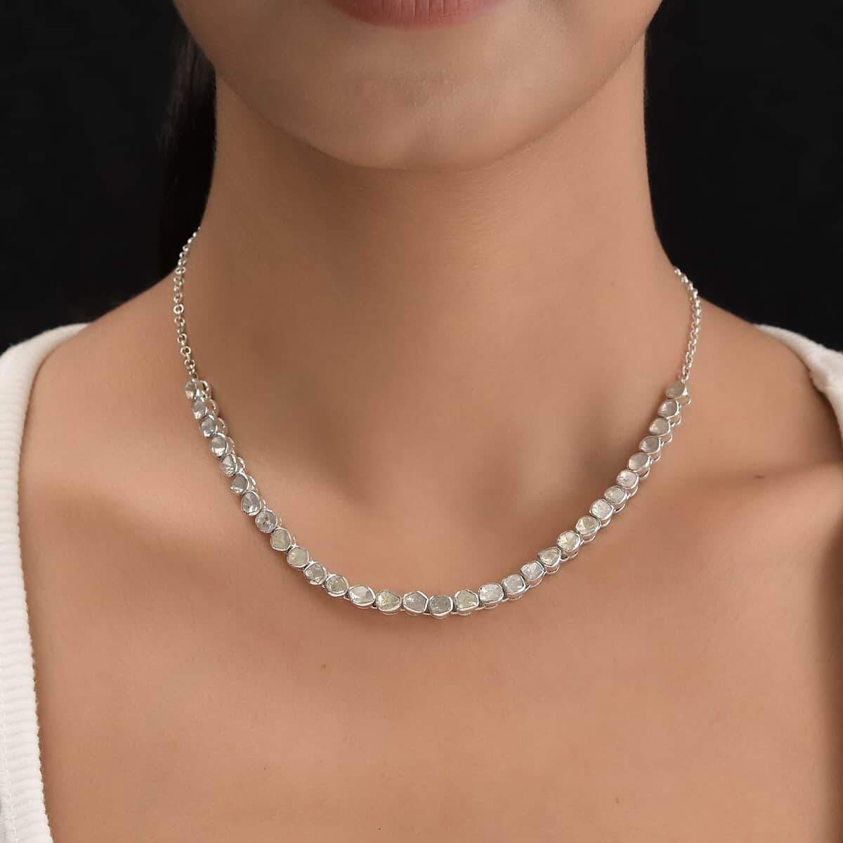 Polki Diamond Tennis Necklace 20 Inches in Platinum Over Sterling Silver 13.60 Grams 3.00 ctw image number 2
