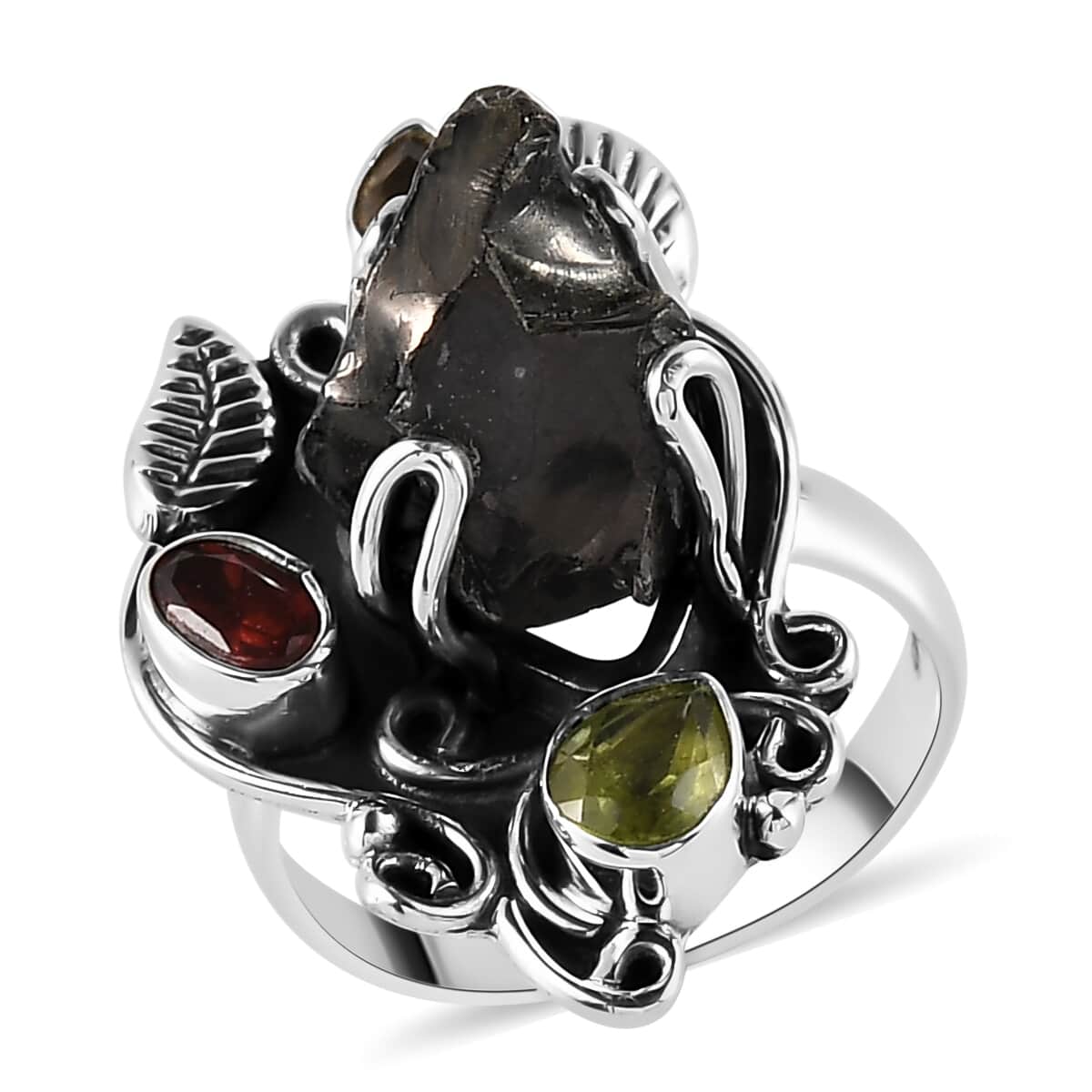 Artisan Crafted Rough Cut Elite Shungite and Multi Gemstone Ring in Sterling Silver (Size 11.0) 5.75 ctw image number 0