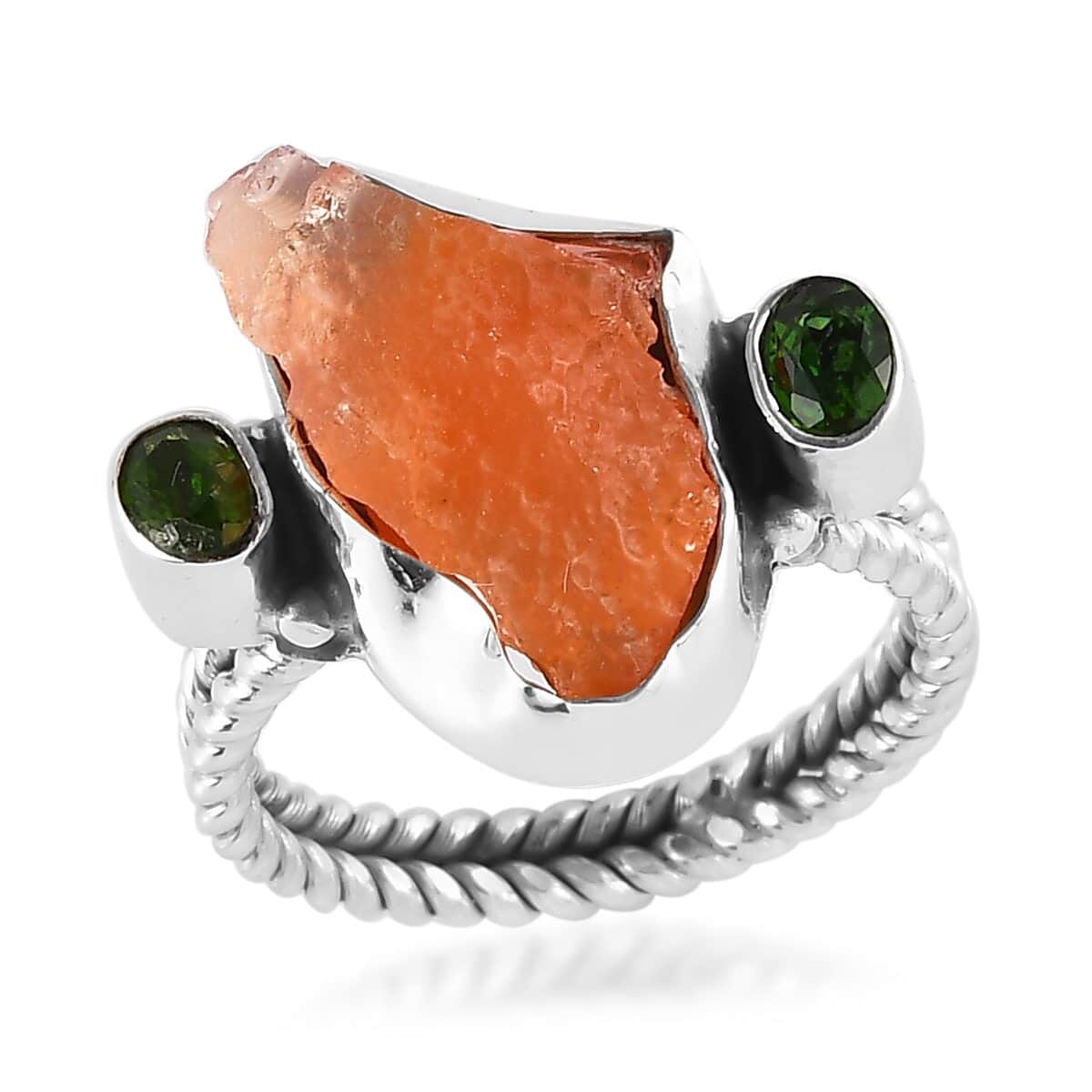 Artisan Crafted Rough Cut Jalisco Fire Opal and Natural Chrome Diopside Ring in Sterling Silver 5.40 ctw image number 0