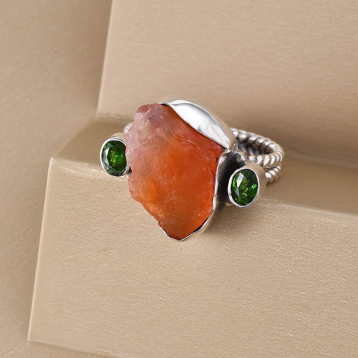 Artisan Crafted Rough Cut Jalisco Fire Opal and Natural Chrome Diopside Ring in Sterling Silver 5.40 ctw image number 1