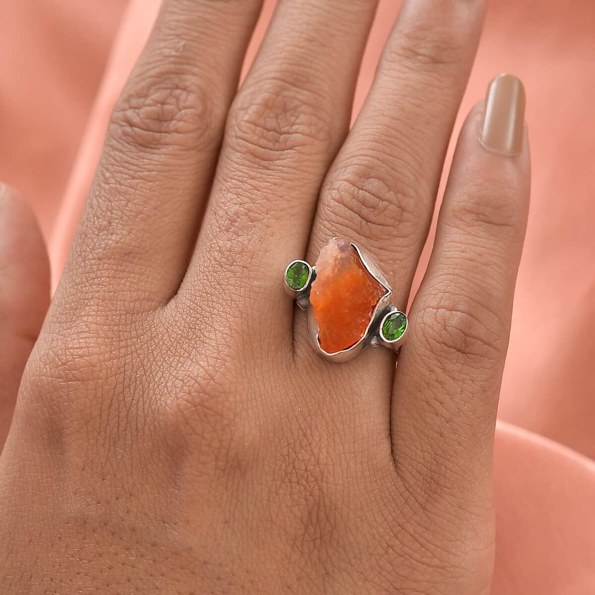 Artisan Crafted Rough Cut Jalisco Fire Opal and Natural Chrome Diopside Ring in Sterling Silver 5.40 ctw image number 2