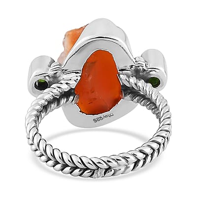 Artisan Crafted Rough Cut Jalisco Fire Opal and Natural Chrome Diopside Ring in Sterling Silver (Size 10.0) 5.40 ctw