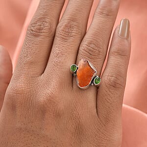 Artisan Crafted Rough Cut Jalisco Fire Opal and Natural Chrome Diopside Ring in Sterling Silver (Size 11.0) 5.40 ctw