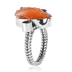 Artisan Crafted Rough Cut Jalisco Fire Opal and Natural Chrome Diopside Ring in Sterling Silver (Size 11.0) 5.40 ctw