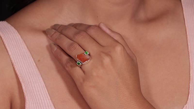 Artisan Crafted Rough Cut Jalisco Fire Opal and Natural Chrome Diopside Ring in Sterling Silver 5.40 ctw
