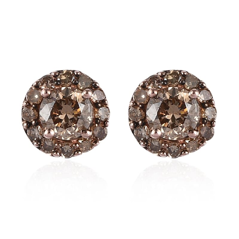 Natural Champagne Diamond Halo Stud Earrings in Vermeil RG Over Sterling Silver 1.00 ctw